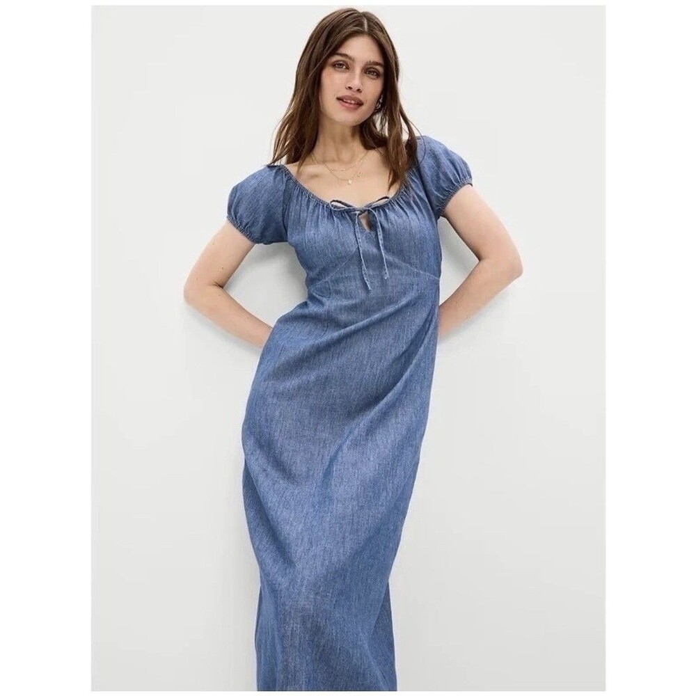 Old Navy Women Blue Chambray Cotton Midi Dress Puff Sleeve Tie Neck Medium NWT
